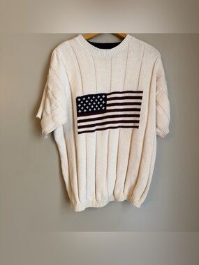Vtg Cotton Harbor American Flag Sweater Short Sleeve 4th Of July America L